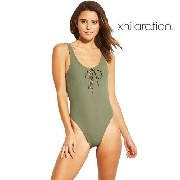 Xhilaration Women's Ribbed Lace Up Scoop Back One Piece‎ Swimsuit NWT - Picture 1 of 5
